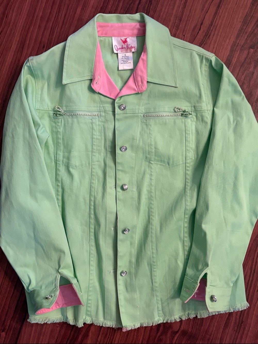 Quacker Factory Mint Green Jacket with Pink Collar & Cuff Accents